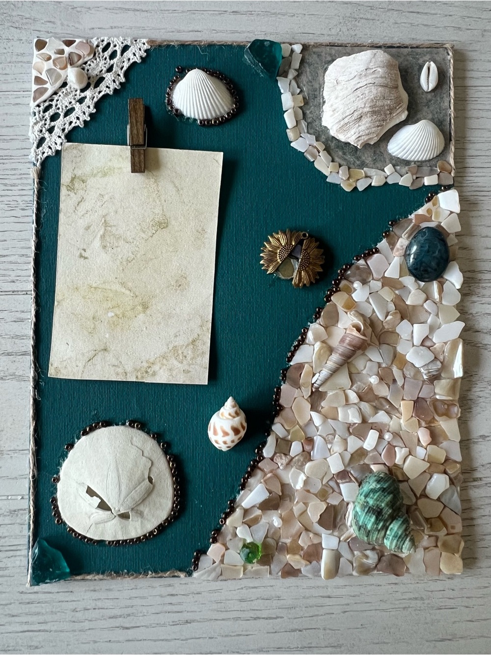 Handmade Seashell Mosaic Art / Photo Holder- Teal & Natural